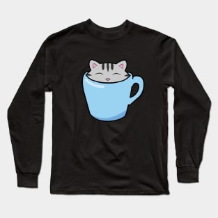 Cute tabby cat in a blue cup Long Sleeve T-Shirt